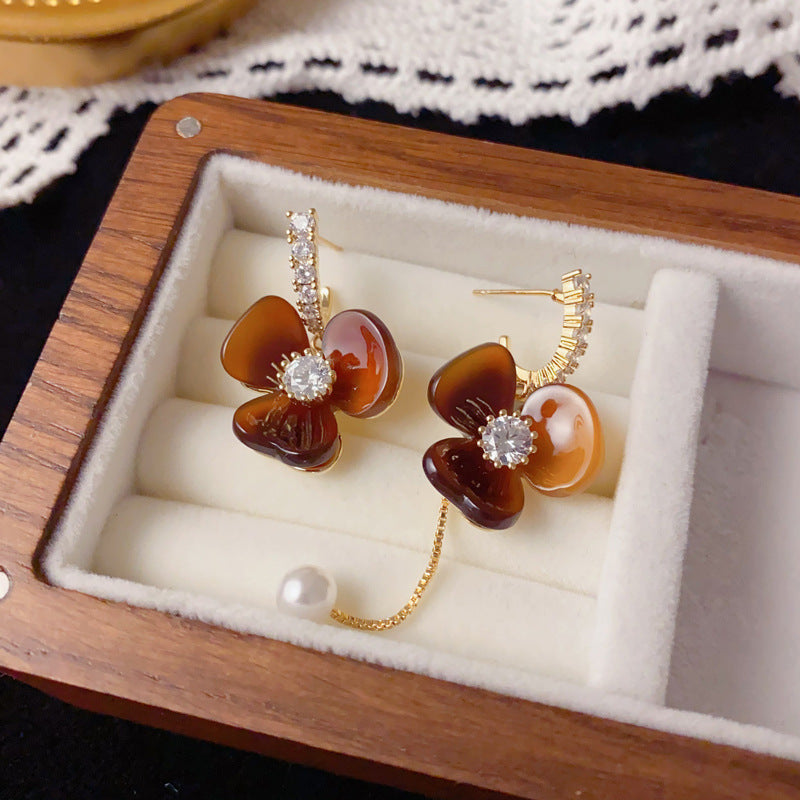 Luxury Asymmetric Resin Petal Tassel Drop Earrings – Floral Design