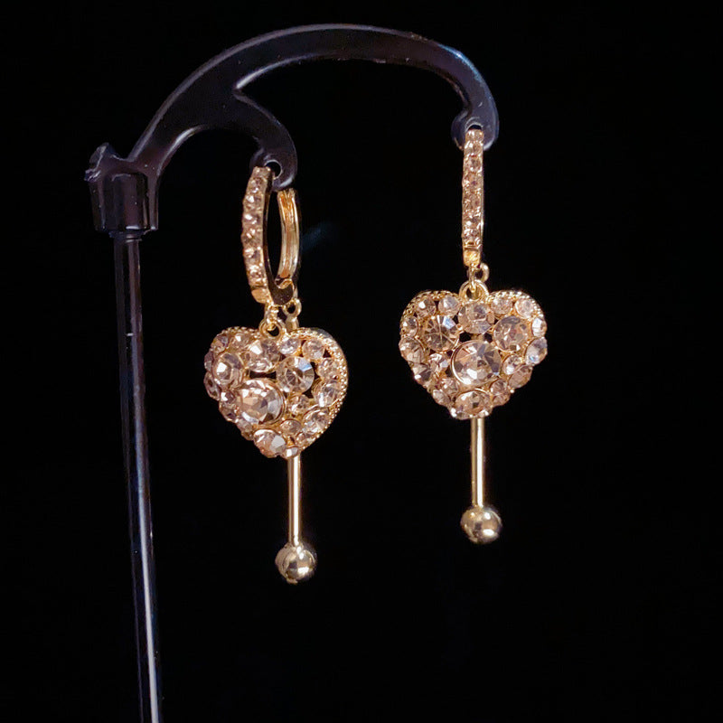 14K Gold Coffee Full Zircon Heart Tassel Earrings-Chic Elegance Design