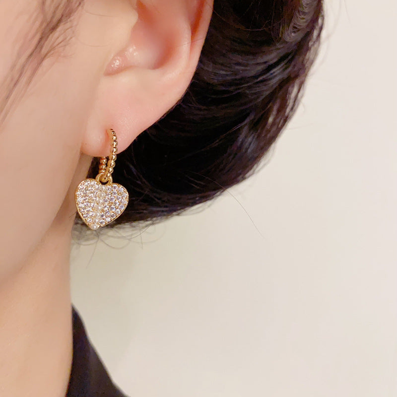 14K Gold Full Zircon Pearl Heart Earrings – Elegant Romantic Design