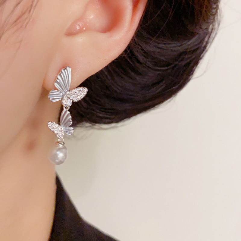 Asymmetric Butterfly Tassel Drop Sliver Earrings – Elegant Design