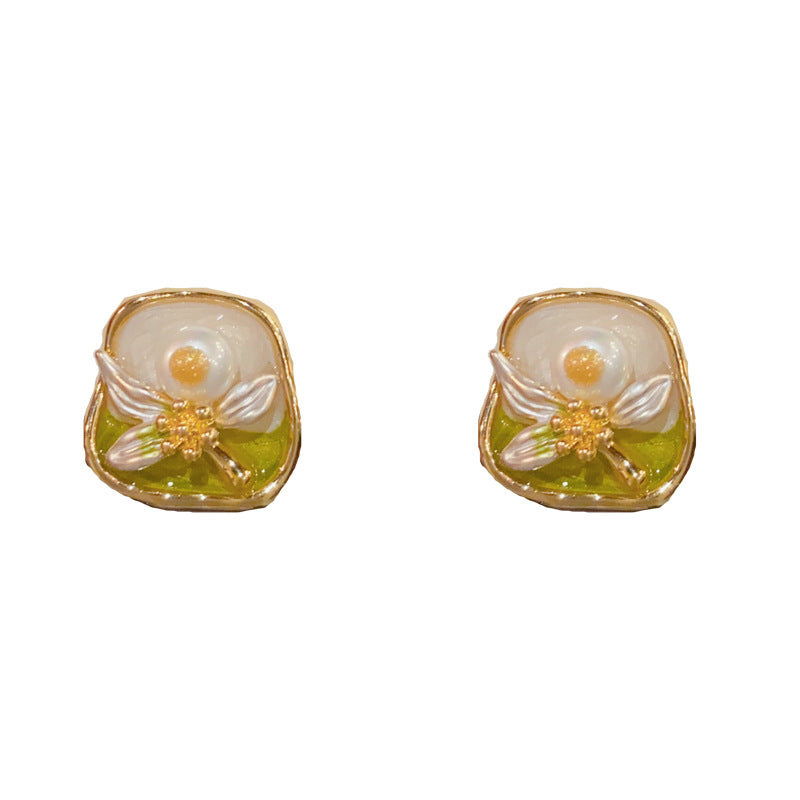 Luxury Green Petal & Pearl Square Stud Gold Earrings – Floral Design