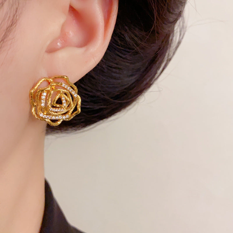 Luxury Zircon Hollow Metal Petal Stud Earrings – Floral Design