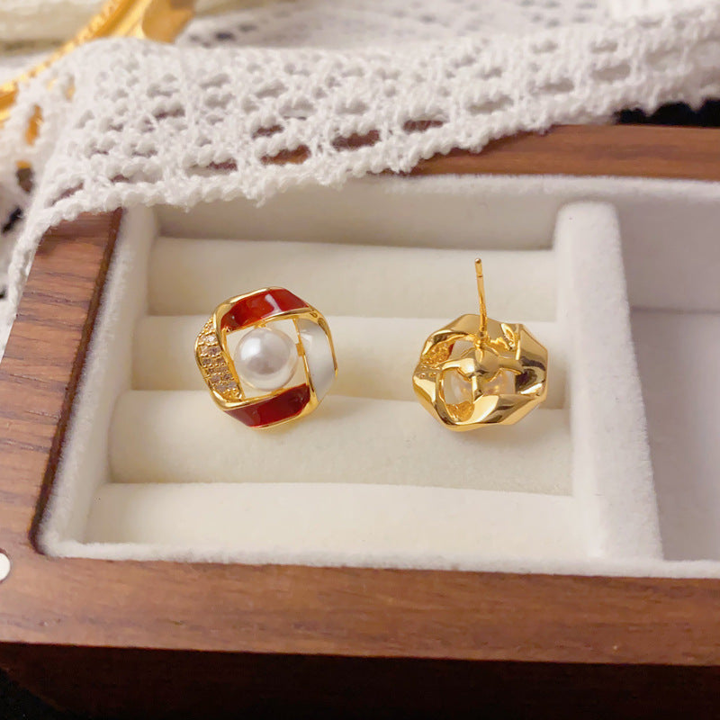 Luxury Zircon Pearl Color-Block Circle Stud Earrings – Elegant Design