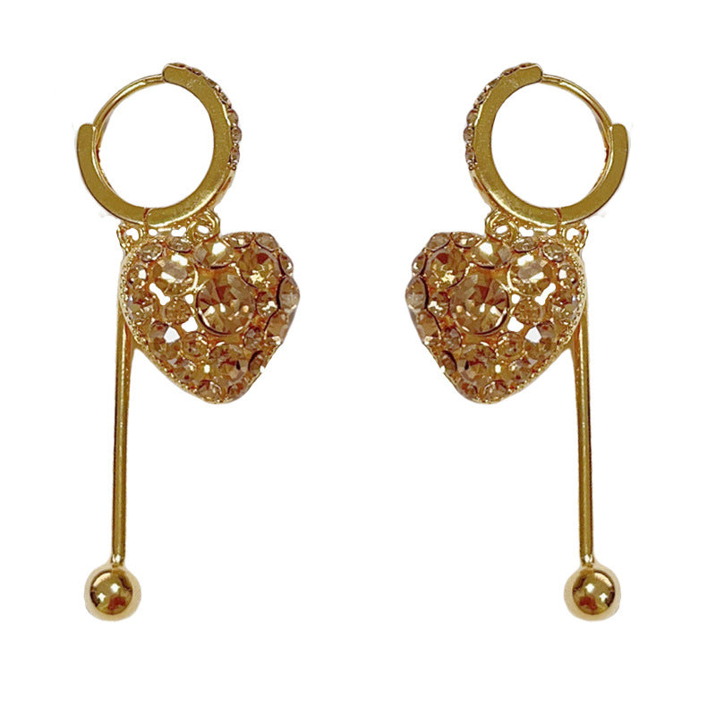 14K Gold Coffee Full Zircon Heart Tassel Earrings-Chic Elegance Design