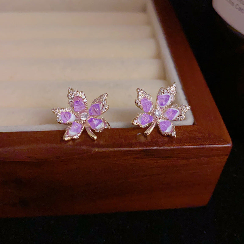 14K Gold-Plated Purple Maple Leaf Stud Earrings – Chic Floral Design