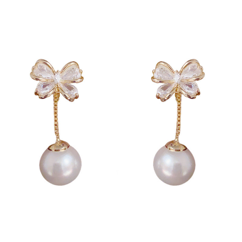 Luxury Zircon Bow & Two-Way Pearl Drop Earrings – Silver Needle Design