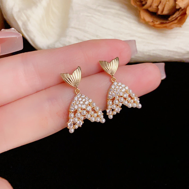 Luxury Zircon & Pearl Fishtail Drop Gold Earrings – Elegant Design