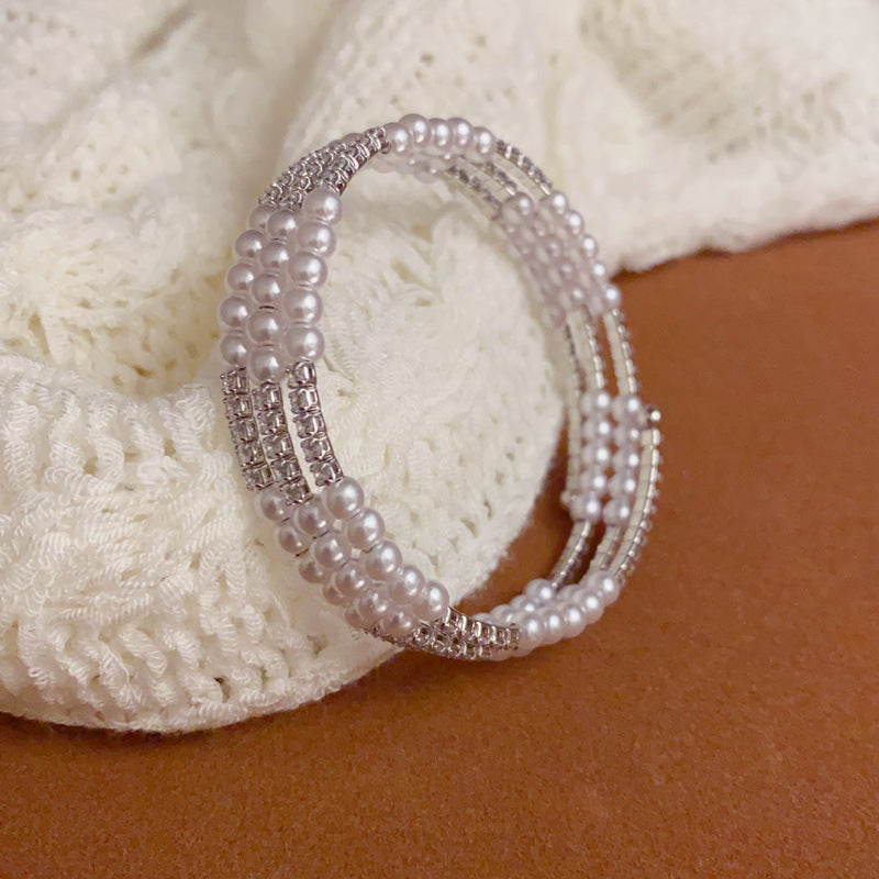 14K Gold-Plated Pearl Elastic Layered Bracelet – Chic Luxury Style