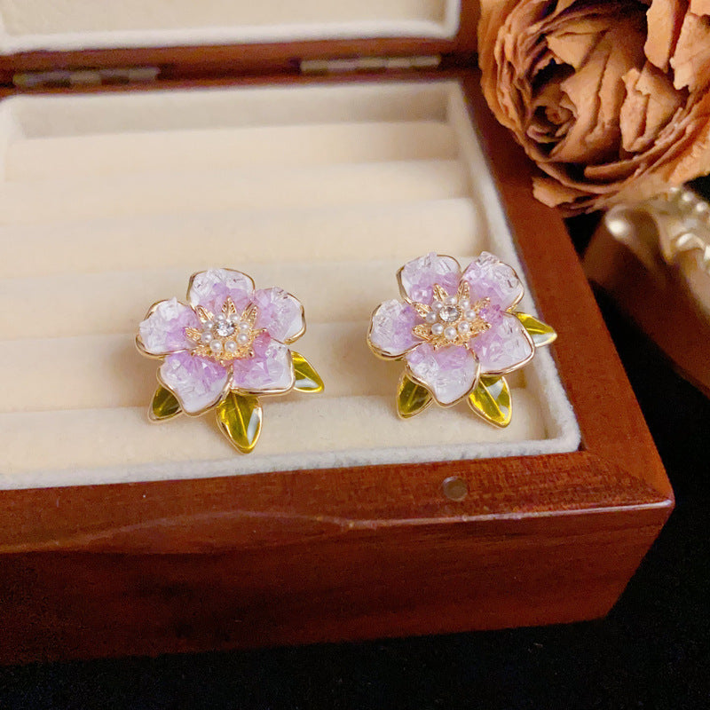 14K Gold Crystal Camellia Stud Earrings – S925 Silver Needle