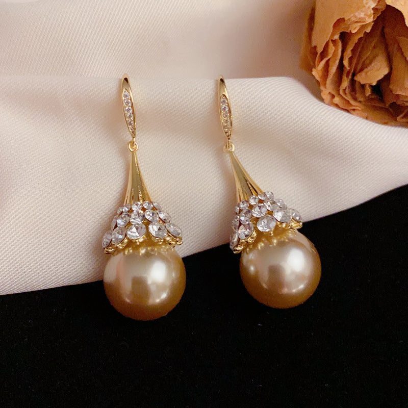 Luxury Full-Zircon Coffee Pearl Ear Hook Earrings – S925 Silver Needle