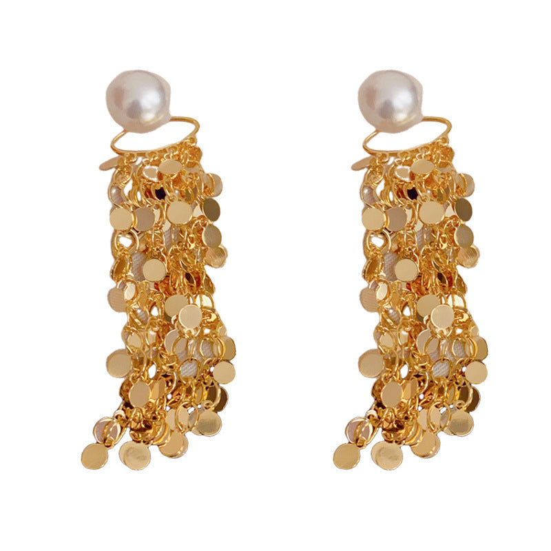 14K Gold Statement Metal Disc Tassel Drop Earrings – Elegant Design