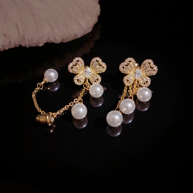 Zircon Butterfly Multi-Wear Pearl Tassel Drop Earrings– Elegant Design