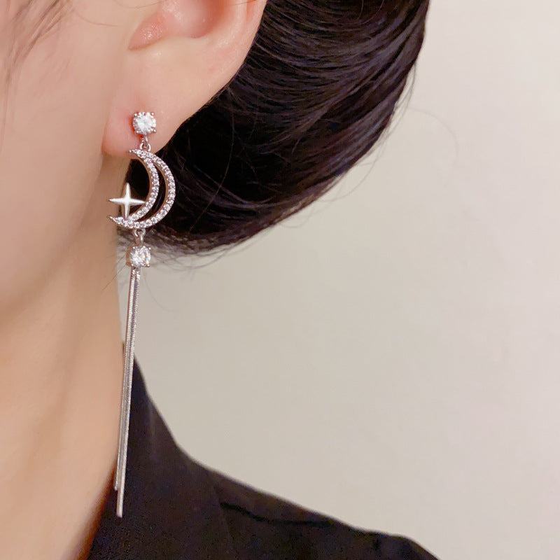 Luxury Zircon Planet & Moon Asymmetric Drop Earrings – Elegant Design