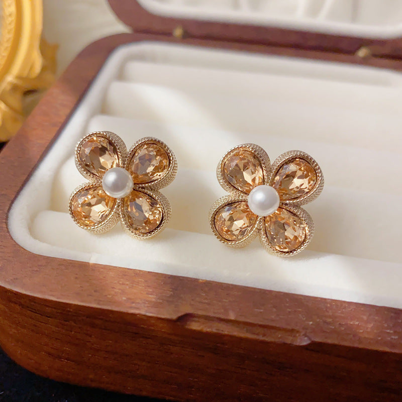 Luxury Coffee Zircon Pearl Petal Stud Earrings – Floral Design