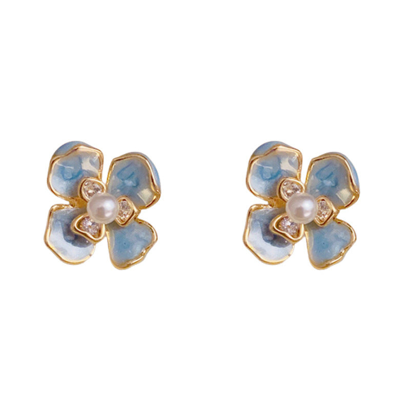 Luxury Enamel Blue Pearl Petal Stud Earrings – Elegant Flower Design