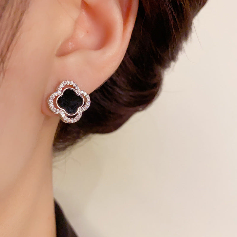 14K Gold-Plated Zircon Four-Leaf Clover Earrings Set - Elegant Design