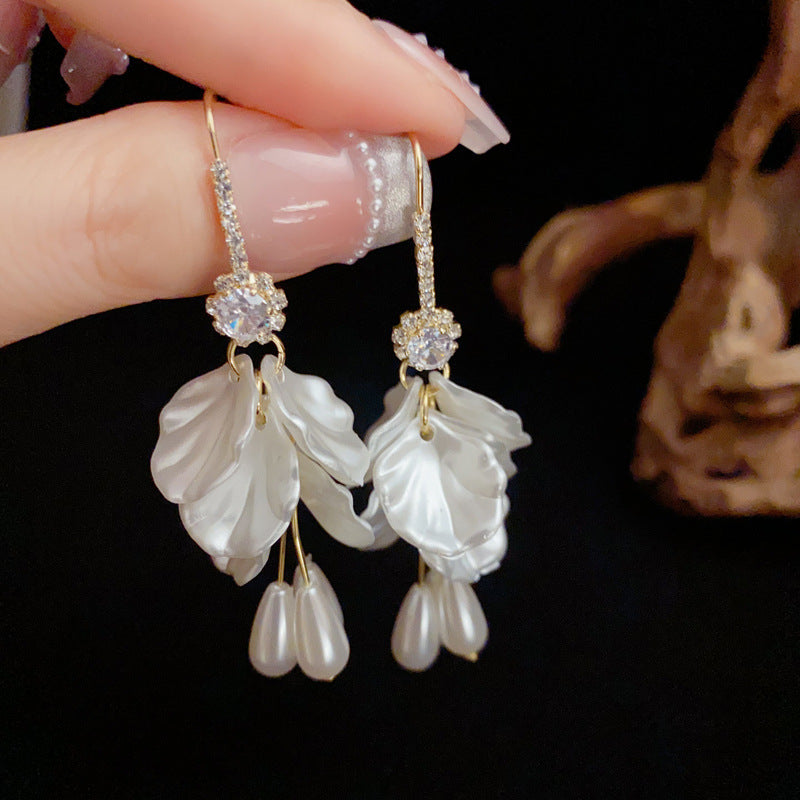 14K Gold Zircon & Pearl Petal Tassel Hook Earrings – Elegant Design
