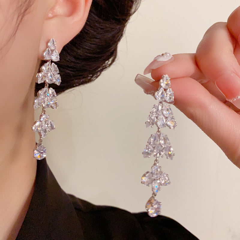 14K Gold Full Zircon Leaf Long Tassel Earrings - Chic Elegance Design