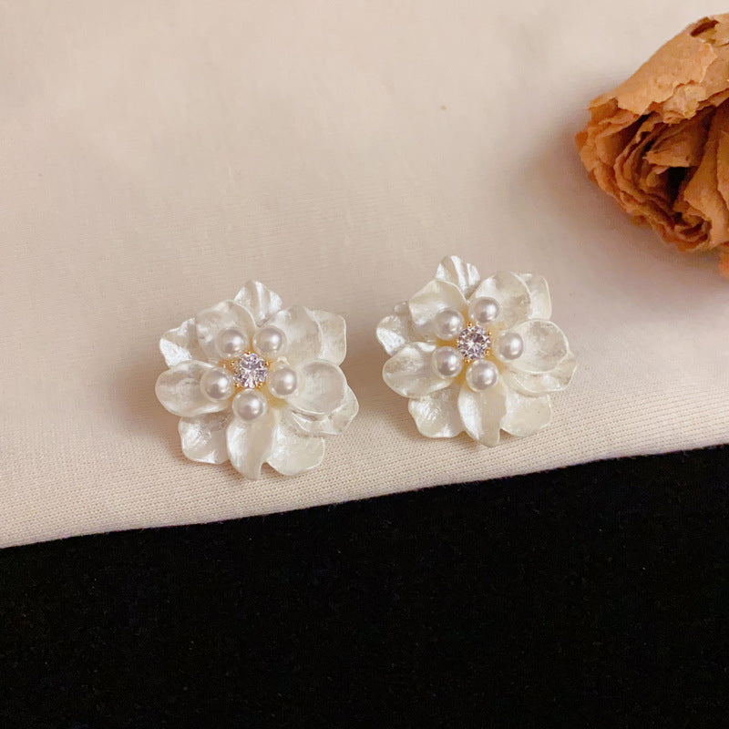 Elegant Pearl & Camellia Stud Floral Earrings – Silver Needle Design