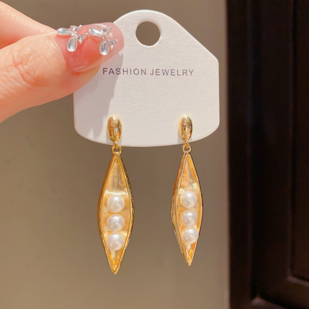 Eaioncol Pea Pod Pearl Drop Earrings 18K Gold Plated