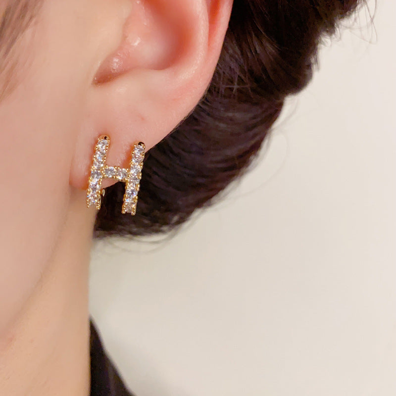 14K Gold-Plated H Letter Full Diamond Stud Earrings - Elegant & Chic