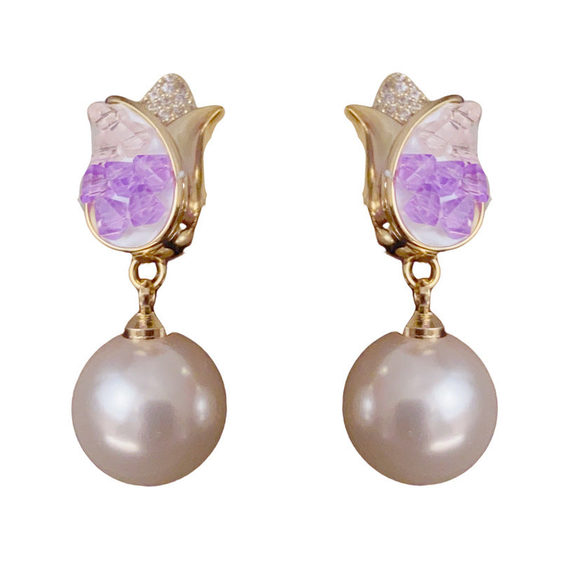 14K Gold-Plated Purple Tulip Pearl Drop Earrings–Elegant Floral Design