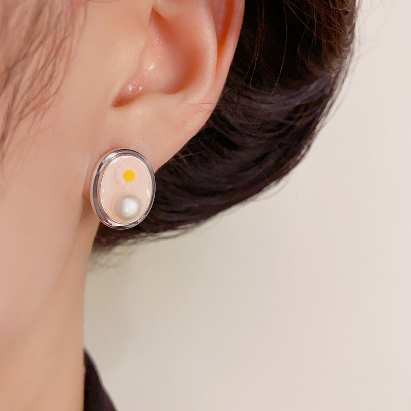 S925 Sliver Luxury Enamel Flower Oval Stud Earrings – Elegant Design
