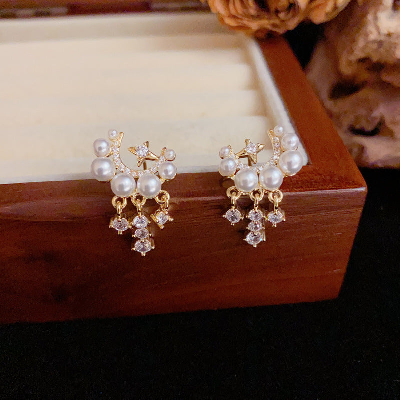 Luxury Zircon Star-Shaped & Pearl Tassel Drop Earrings– Elegant Design