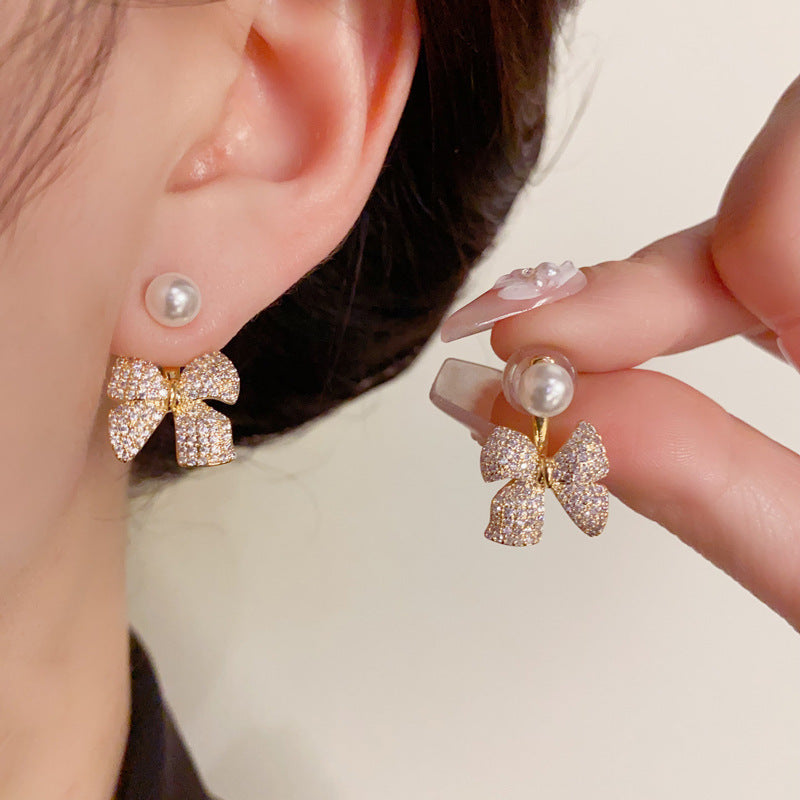 14K Gold-Plated Zircon Bow Pearl Dual Stud Earrings - Elegance Design