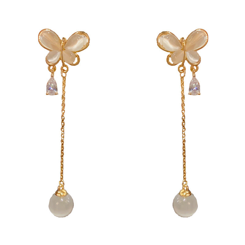 14K Gold-Plated Cat's Eye Butterfly Tassel Earrings – Elegant Design