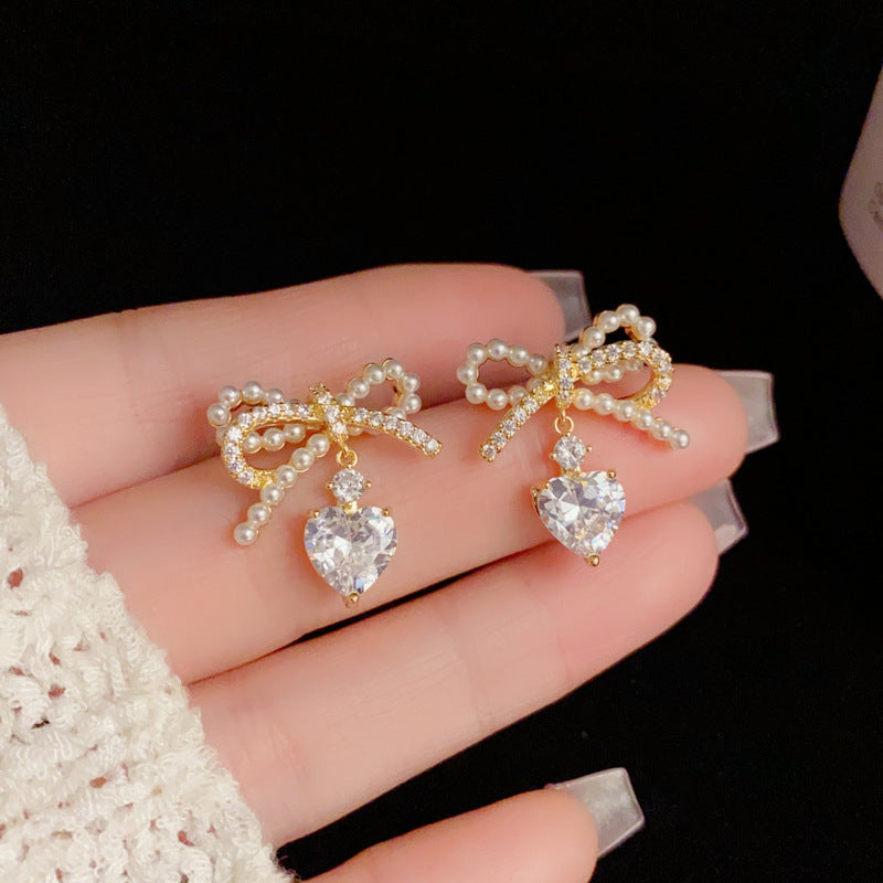 14KGold-Plated Pearl Bowknot Zircon Water Drop Earrings-Elegant Deisgn