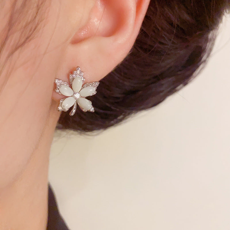 Minimalist Shell Pearl Maple Leaf Stud Earrings – S925 Silver Needle