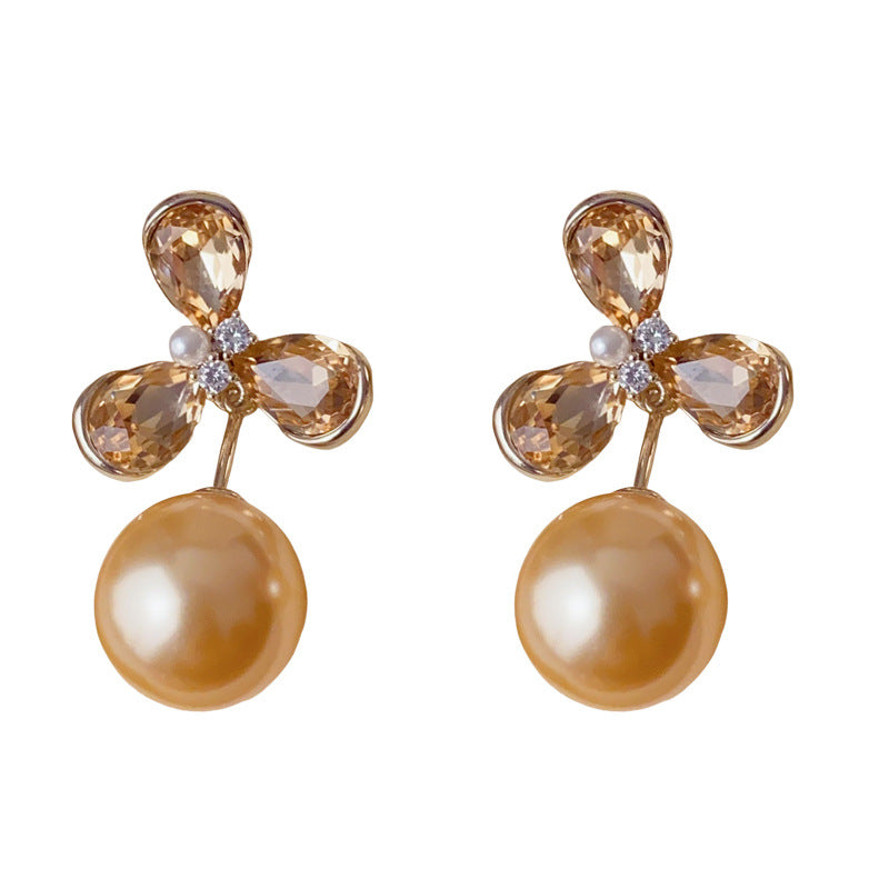 Elegant Zircon Four-Leaf Flower Pearl Drop Earrings – Lucky Design