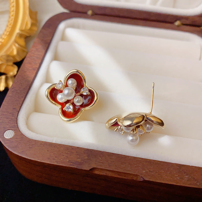 Elegant Red Enamel Pearl Petal Stud Earrings – Floral Design