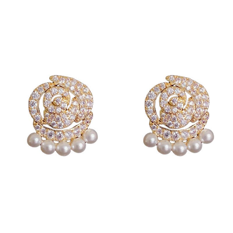 Elegant Zircon Camellia Pearl Stud Earrings – Floral Design