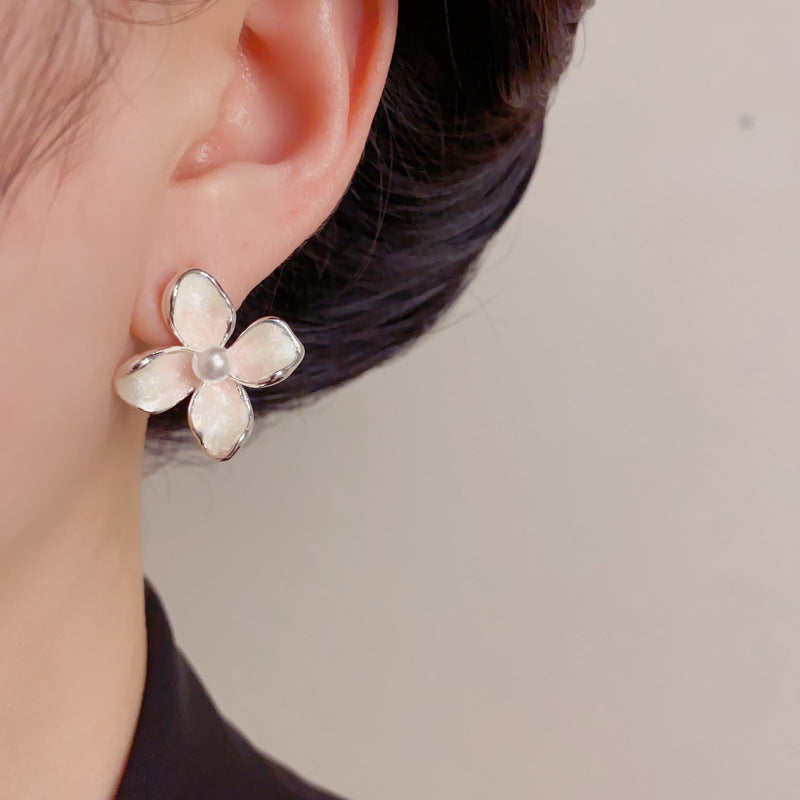 Eaioncol Gradient Flower Pearl Stud Earrings Green