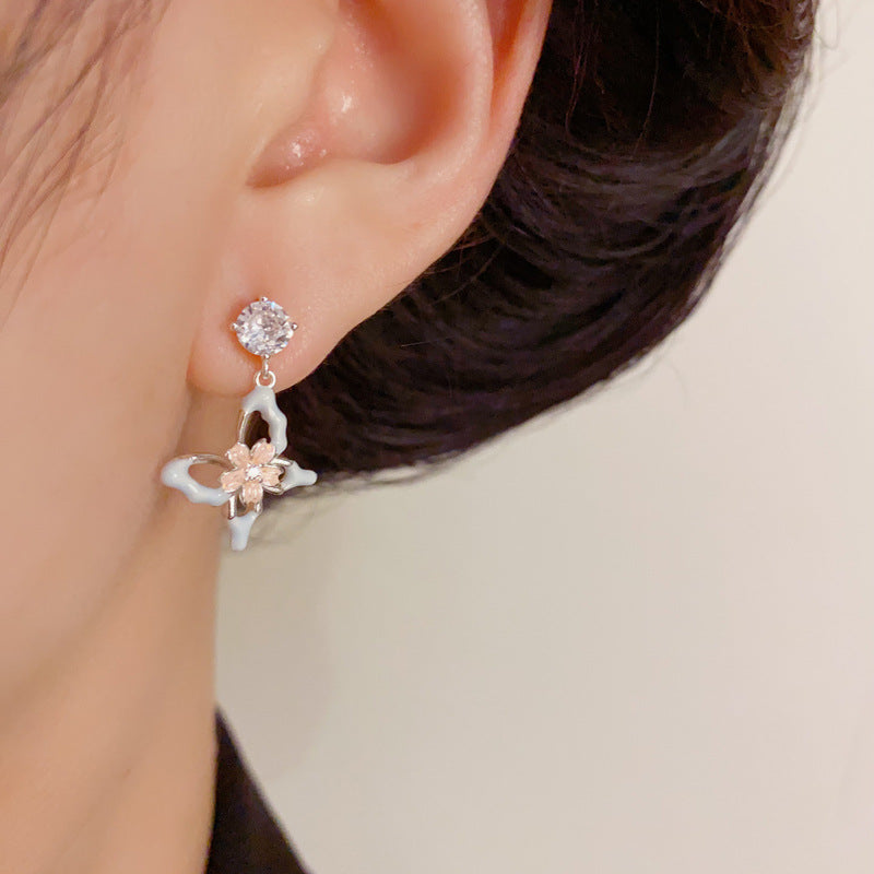 Enamel Flower & Butterfly Asymmetric Drop Earrings – Elegant Design