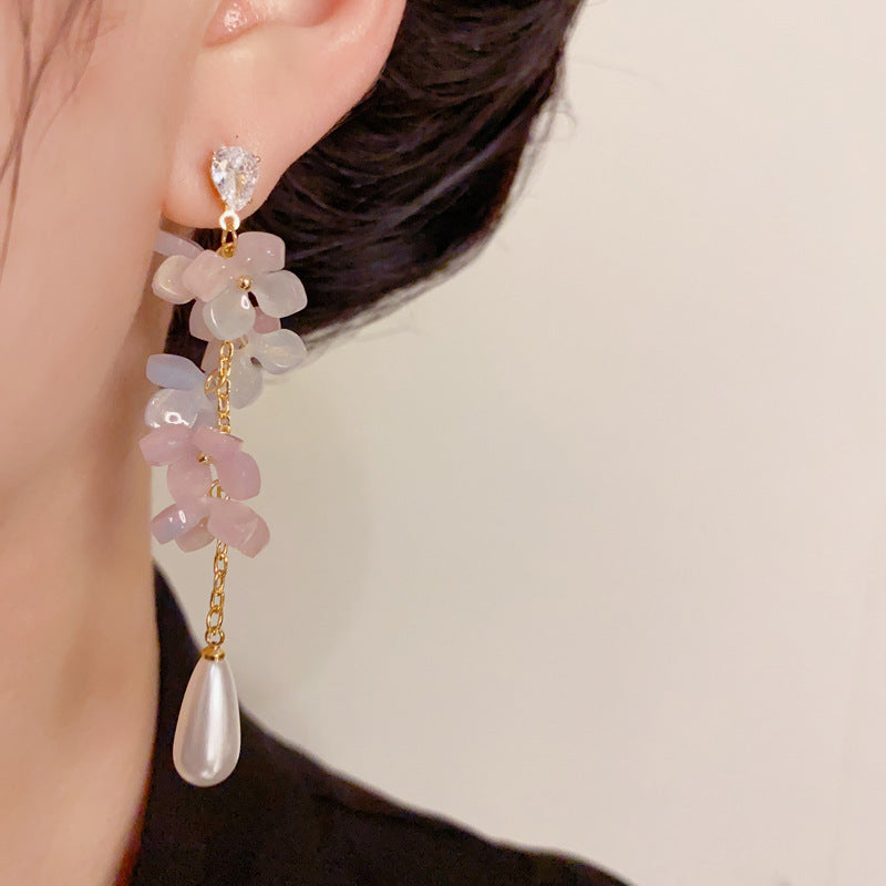 14K Gold Pink Petal Waterdrop Long Tassel Earrings – Elegant Design