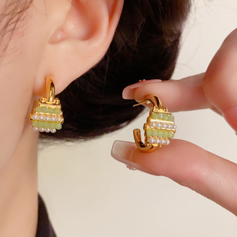 14K Gold Green Bead & Pearl C-Shaped Hoop Earrings – Statement Jewelry