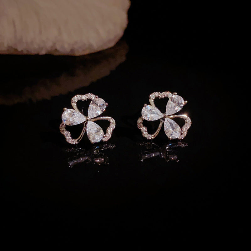 Elegant Zircon Three-Leaf Flower Stud Earrings – Floral Design