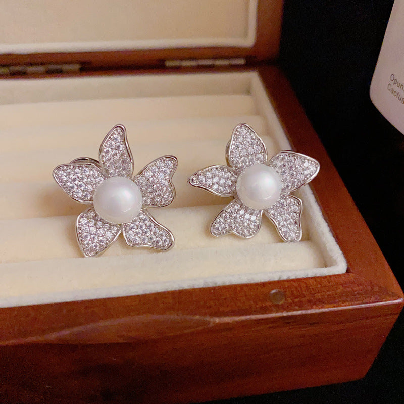 14K Gold Luxury Full-Zircon Flower & Pearl Earrings–S925 Silver Needle