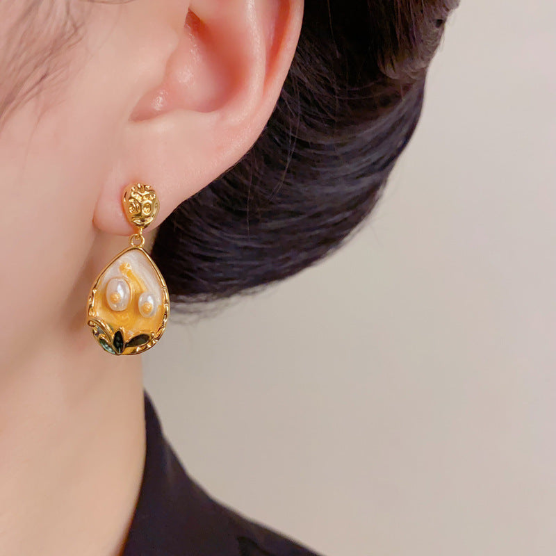 Eaioncol Enamel Painted Flower Pearl Drop Earrings Gold