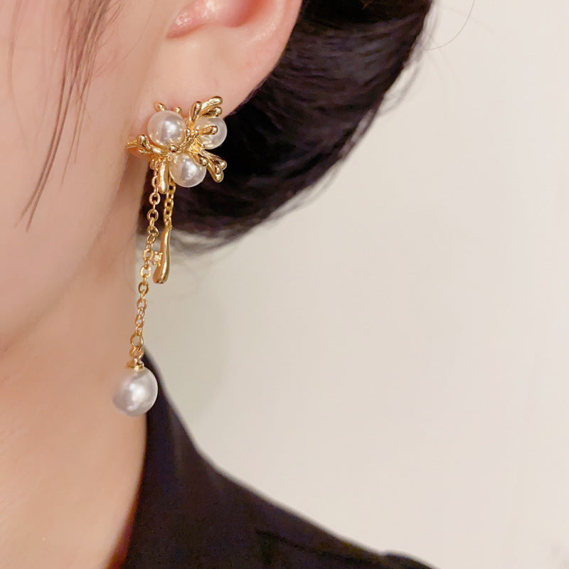 Elegant Metal Knotted Pearl Tassel Drop Earrings – Geometric Design