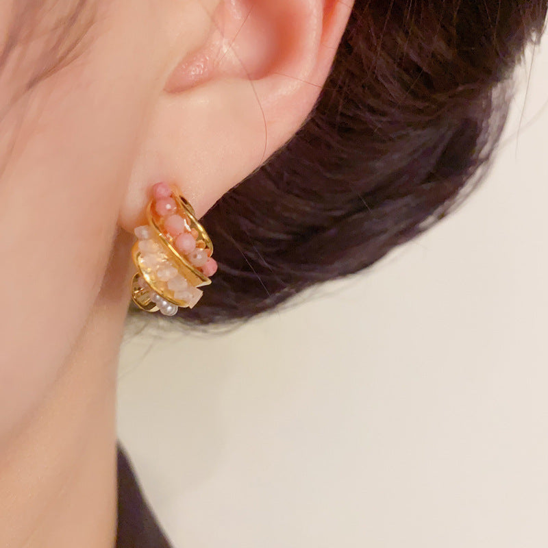 Minimalist Crystal & Pearl Spiral Hoop Earrings – S925 Silver Needle