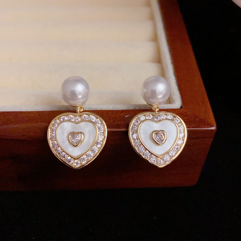 14K Gold-Plated Korean-Style Pearl Heart Drop Earrings– Elegant Design