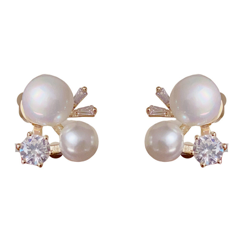 14K Gold Zircon Pearl Geometric Stud Earrings – Elegant Minimalist