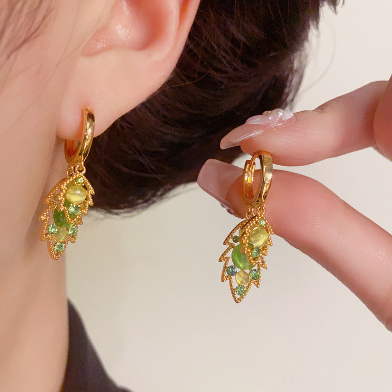 Luxury Green Hollow D-Layer Leaf Gold Earrings – Elegant Design