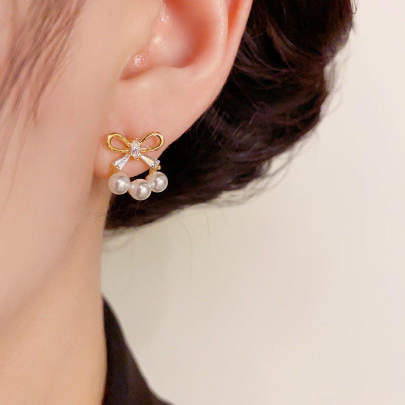 14K Gold-Plated Bow Pearl Stud Earrings – French Elegance Design