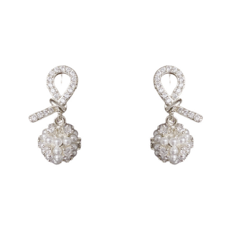 Luxury Zircon Knotted Pearl Ball Drop Earrings – Geometric Design