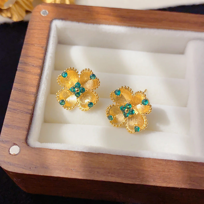 Elegant Green Zircon Four-Leaf Flower Stud Earrings – Floral Design